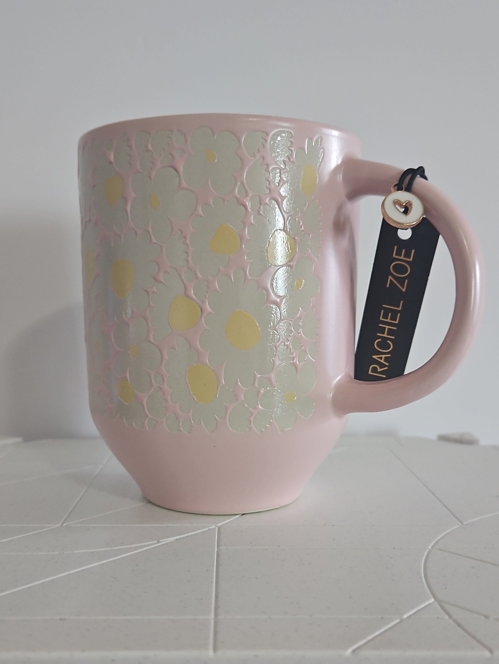 Rachel Zoe Pink Mug with Gold Floral Accents